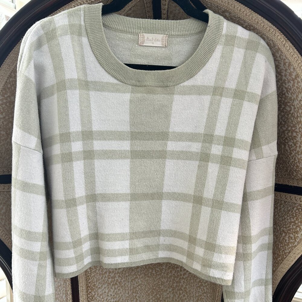 Altar'd State Green Plaid Oversized Cropped Sweater Size Medium
